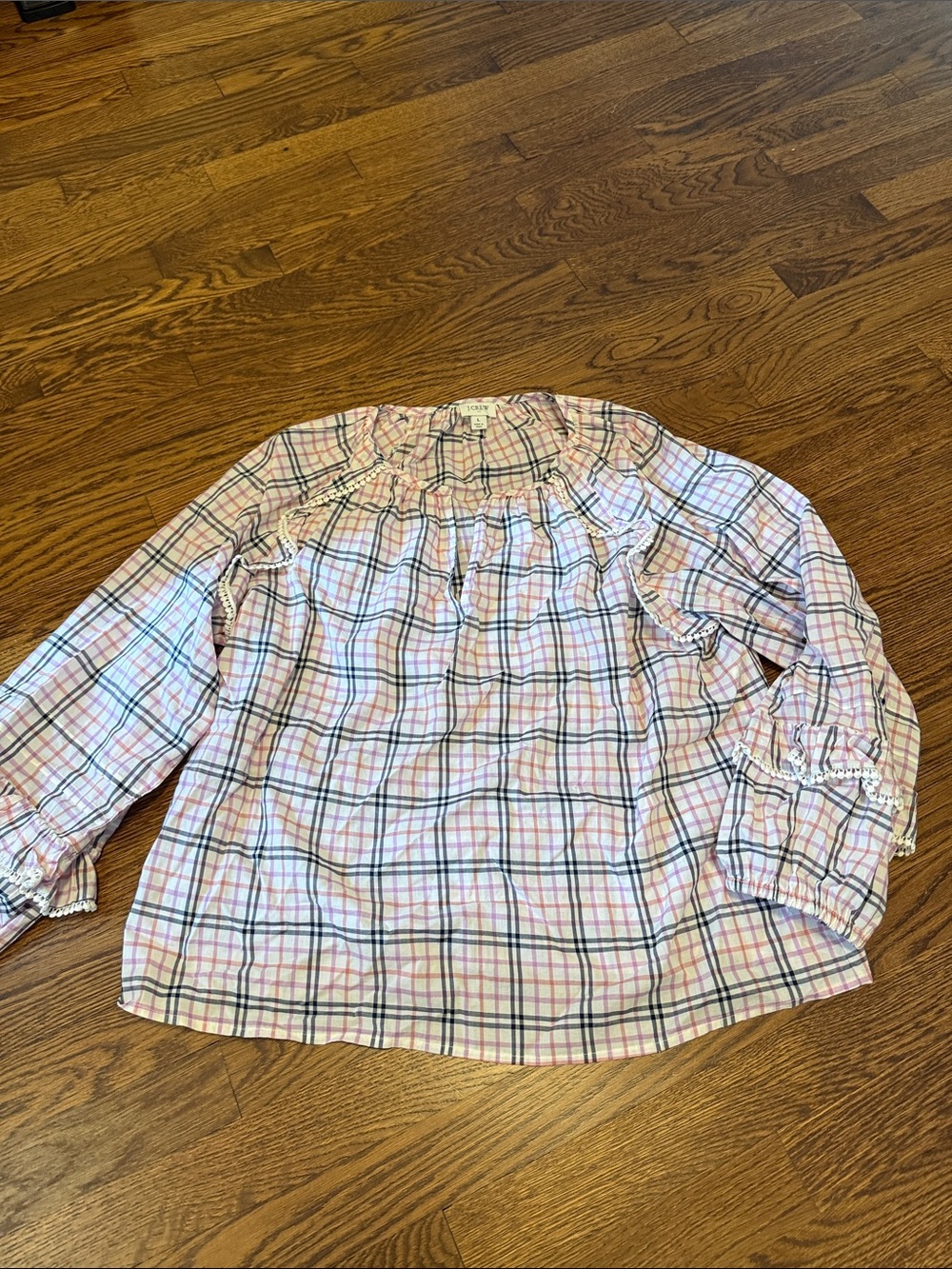 J. Crew Pink, Blue, White & Orange  Plaid Long-Sleeve Top